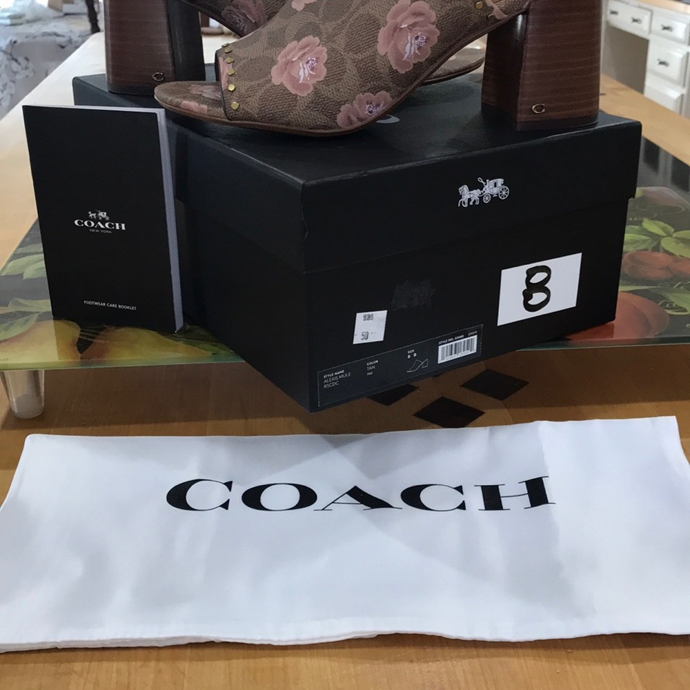 Coach Rose Print Mules. Brass studs, 3” heel